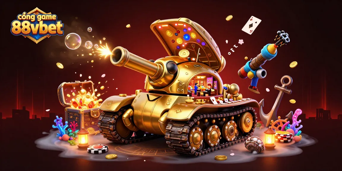 Cổng game 88vbet với hình ảnh mô phỏng 3D của xe tăng bọ vàng và các trò chơi trò chơi, hành động vui vẻ trong không gian đầy sắc màu.