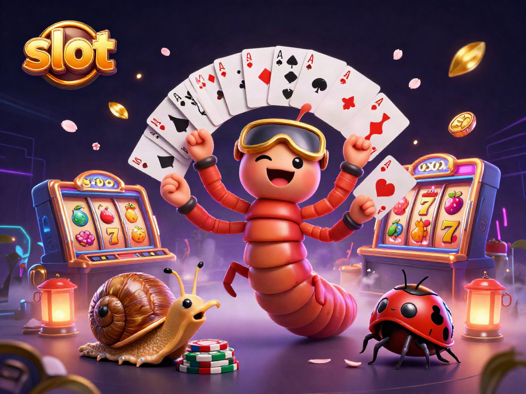 Engage in thrilling slot action with a whimsical 3D illustration featuring a millipede dealer, high roller, and excited characters.