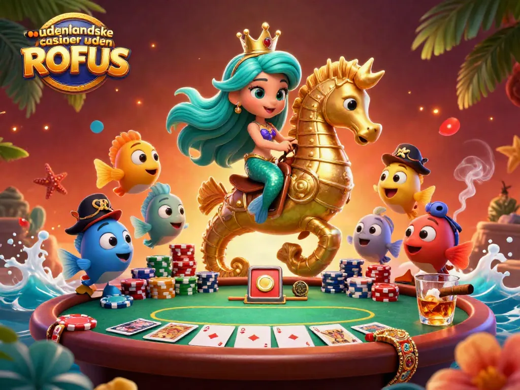 Engage with udenlandske casinoer uden ROFUS in a dynamic scene featuring a mermaid, seahorse, and poker elements.