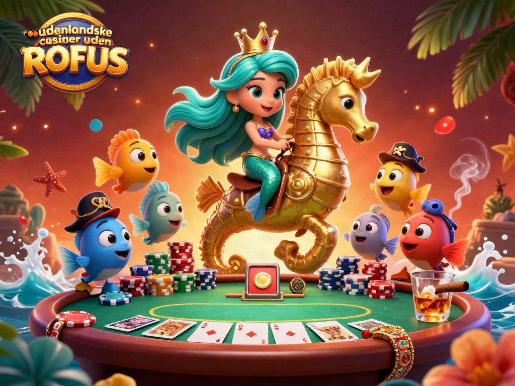 Engage with udenlandske casinoer uden ROFUS in a dynamic scene featuring a mermaid, seahorse, and poker elements.