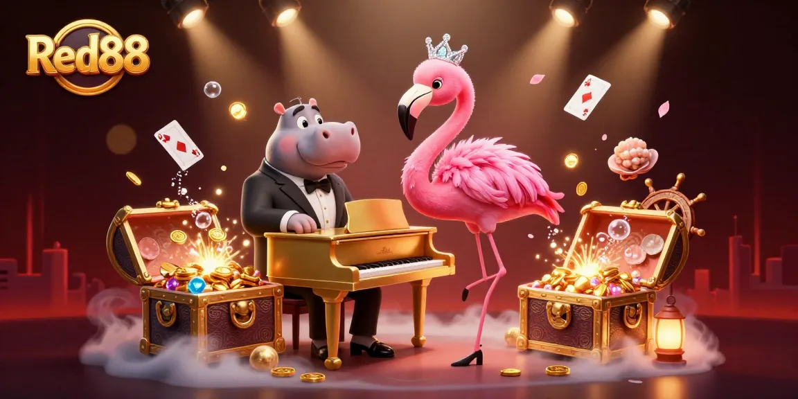 Experience the vibrant excitement of Red88 with a lively 3D casino scene featuring dynamic characters and rich gaming elements.
