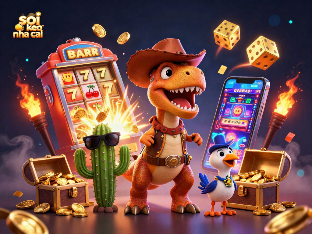 Soi keo nha cai with a vibrant 3D illustration of a T-Rex cowboy, cactus, and roadrunner amid a jackpot scene.