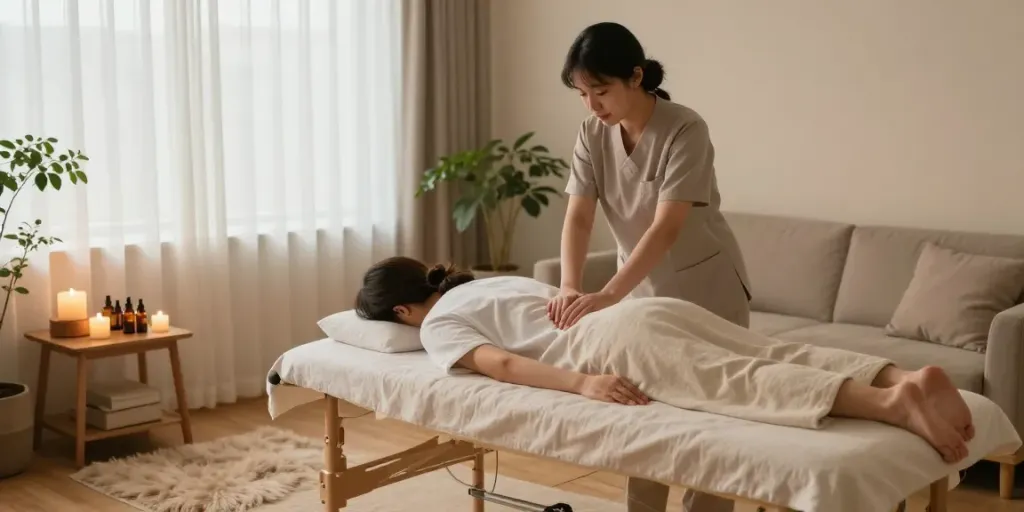 양천구출장안마 relaxation scene with therapist and client in a serene home environment.