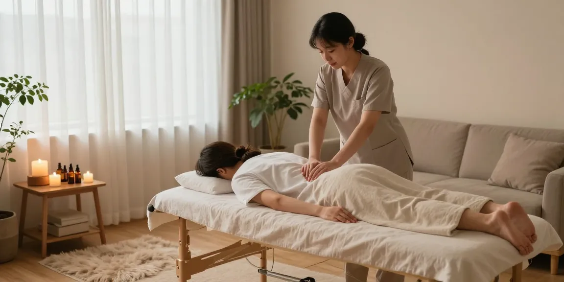 양천구출장안마 relaxation scene with therapist and client in a serene home environment.