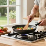 Koch bereitet eine gesunde Mahlzeit mit einer PTFE freien Pfanne, frischem Gemüse und lebendiger Küchenuatmosphäre vor.