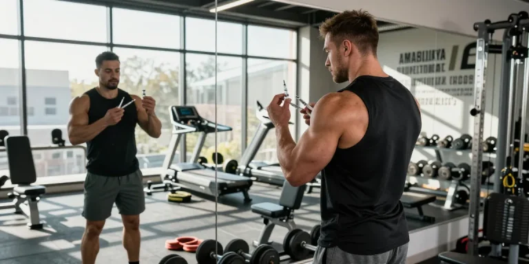 Bodybuilder demonstrating Anabolika injection technique in a modern gym environment