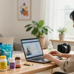 Kunde erkundet Gesundheitsprodukte in der Online-Apotheke des Medi Pharma Shops in einem gemütlichen Homeoffice.