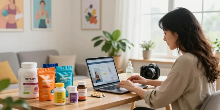 Kunde erkundet Gesundheitsprodukte in der Online-Apotheke des Medi Pharma Shops in einem gemütlichen Homeoffice.
