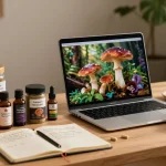 Eine gemütliche Homeoffice-Szene, in der eine Person Fliegenpilz bestellt, während sie Amanita Muscaria-Produkte auf einem Laptop durchsucht.