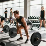 Aktive Fitness-Enthusiasten in einem modernen Astera Shop Fitnessstudio während des Trainings.