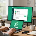 Working on WhatsApp電腦版 with stylish home office setup, showcasing productivity.