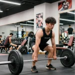 Intensives Training im Selliza Shop mit einem Bodybuilder, der eine Deadlift-Übung macht, umgeben von Hochleistungsgeräten.