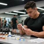 Anabolika-Shop - Bodybuilder bereitet sich in einem modernen Fitnessstudio auf eine Injektion mit Steroiden vor, zeigt Fitnessengagement und professionelle Atmosphäre.