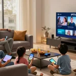 Familie genießt 4K IPTV kaufen in ihrem modernen Wohnzimmer.
