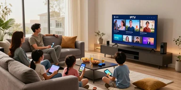 Familie genießt 4K IPTV kaufen in ihrem modernen Wohnzimmer.