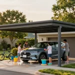 Moderne Carport-Szene mit Familie, die ihr Auto unter dem Schutz wäscht, während Kinder im Hintergrund spielen.