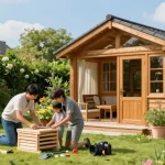 Gartenhaus Holz umgeben von Blumen und Familie beim Entspannen im Garten.