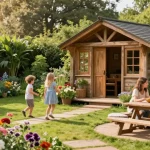 Ein Gartenhaus aus Holz umgeben von bunten Blumen und einer spielenden Familie im Freien.