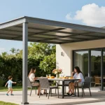 Moderne Terrassenüberdachung mit Familie auf sonniger Terrasse, ideal für entspanntes Beisammensein.