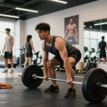 Global Pharma Steroids in einem modernen Fitnessstudio, sportlicher Mann beim Kreuzheben