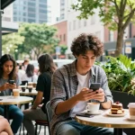 Männliche Instagram Follower kaufen bei einer dynamischen Café-Szene mit stilvollem Influencer.