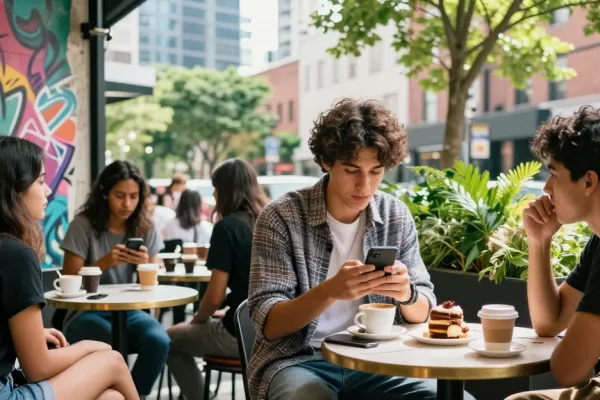 Männliche Instagram Follower kaufen bei einer dynamischen Café-Szene mit stilvollem Influencer.