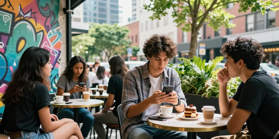 Männliche Instagram Follower kaufen bei einer dynamischen Café-Szene mit stilvollem Influencer.