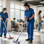 Professionelle Gebäudereinigung Düsseldorf mit einem Reinigungsteam, das in einem modernen Büro arbeitet.