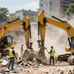 Abriss und Entkernung Augsburg: Fachkräfte im Baustellenbetrieb bei der Durchführung von Abrissarbeiten.