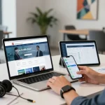 Dynamic workspace showcasing digital communication tools and https://sc88.chat/ homepage, with a motivated professional at work.