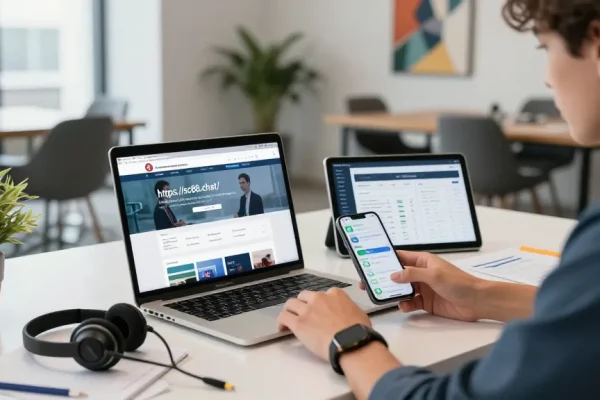 Dynamic workspace showcasing digital communication tools and https://sc88.chat/ homepage, with a motivated professional at work.