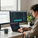 Build internal tools with AI in a modern office workspace showcasing coding, project management, and innovation.