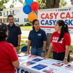 Voters discussing Casey Askar's campaign at a community event.