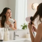 Der Laifen Föhn sorgt für glänzendes, gesundes Haar beim Frisieren im modernen Badezimmer.