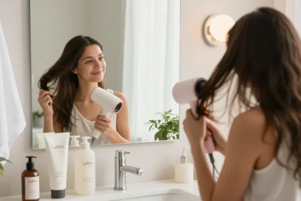 Der Laifen Föhn sorgt für glänzendes, gesundes Haar beim Frisieren im modernen Badezimmer.
